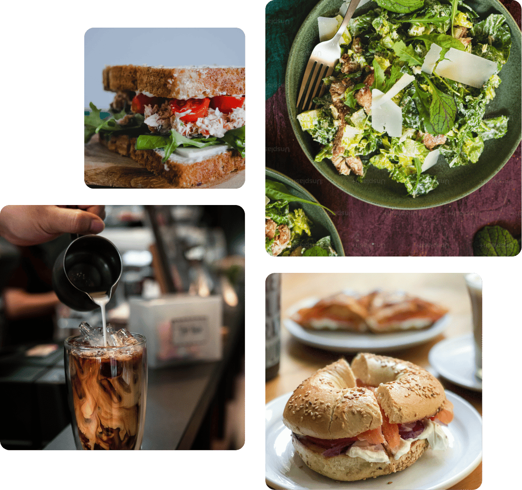 A collage of four common menu items: a sandwaich, a salad, a lox bagel and a glass with iced coffee