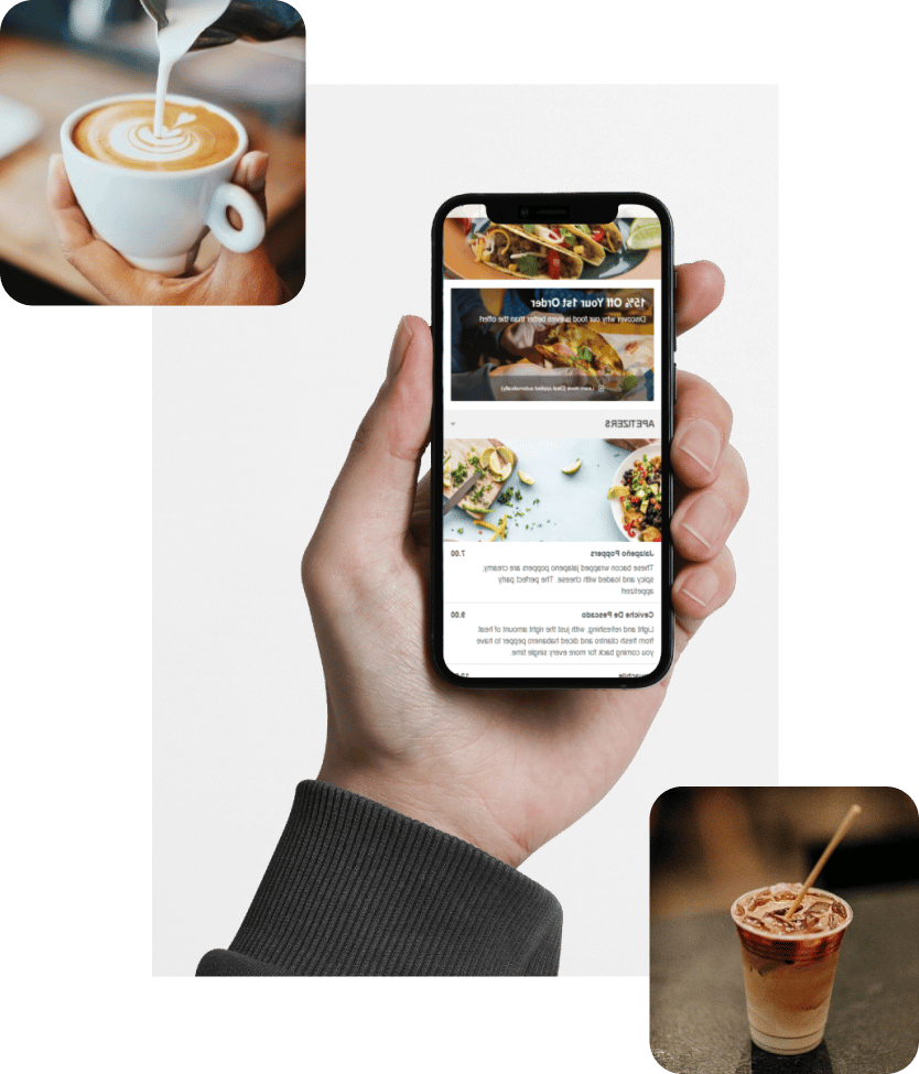 An image collage where the main image is a hand holding a phone showing our online menu, with two images one with a latte and one with iced coffee